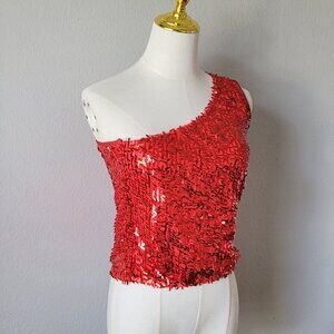 Vintage Red One Shoulder Sequin Crop Top Party Clubwear Y2K Glam Summer Tank S
